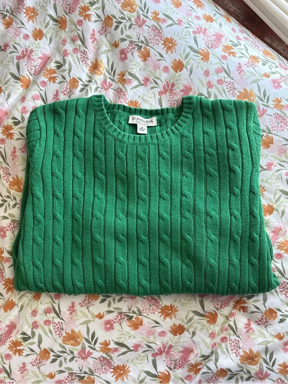 St. John’s Bay Green Long Sleeve Cable Knit Sweater Size XL Fall Winter Layering